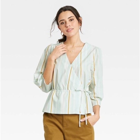 Women's Striped 3/4 Sleeve Wrap V-Neck Top - A New Day Mint Green M - Picture 1 of 9